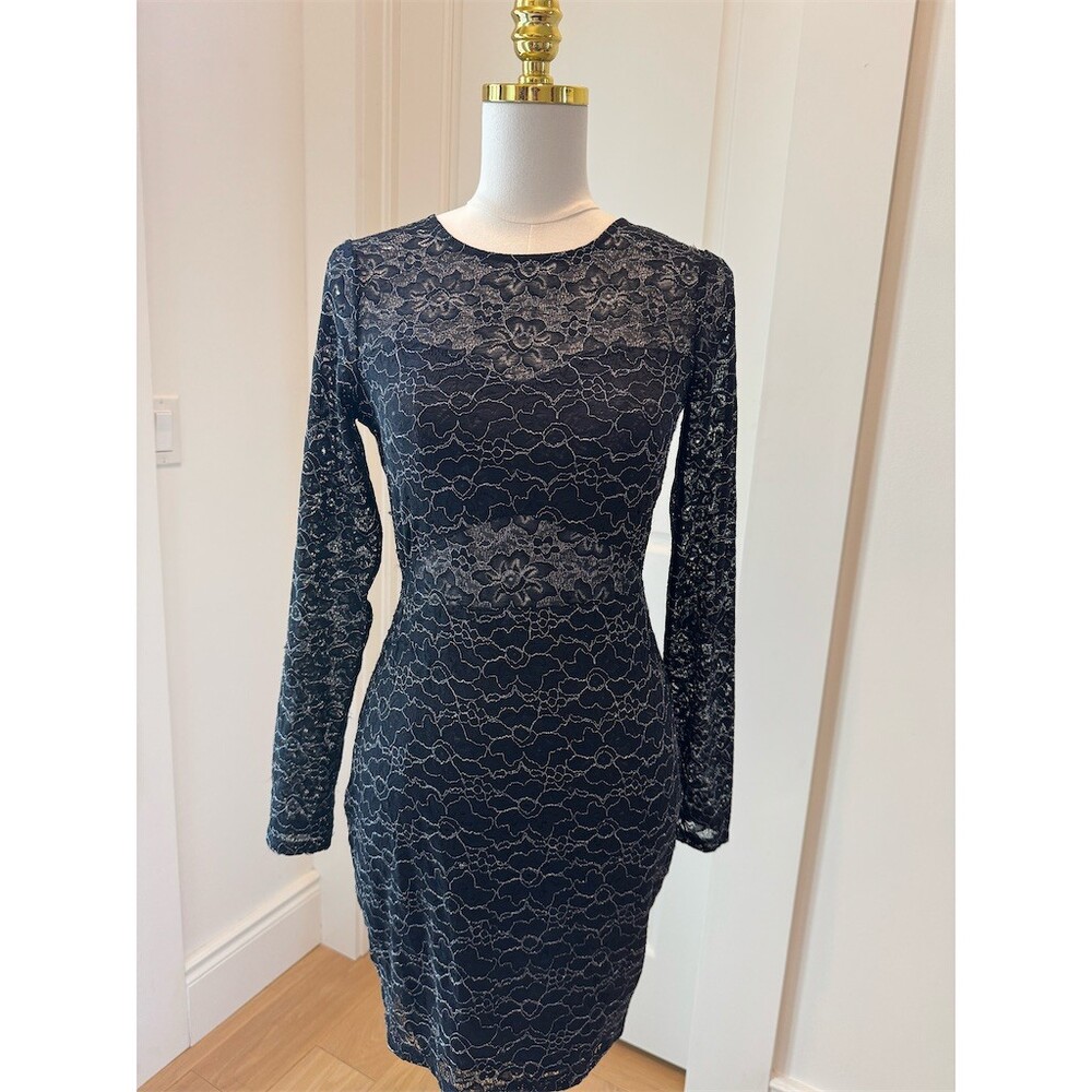 Express Dress Womens Holiday Size S Black Lace Bodycon Sheath Long Sleeve Knee